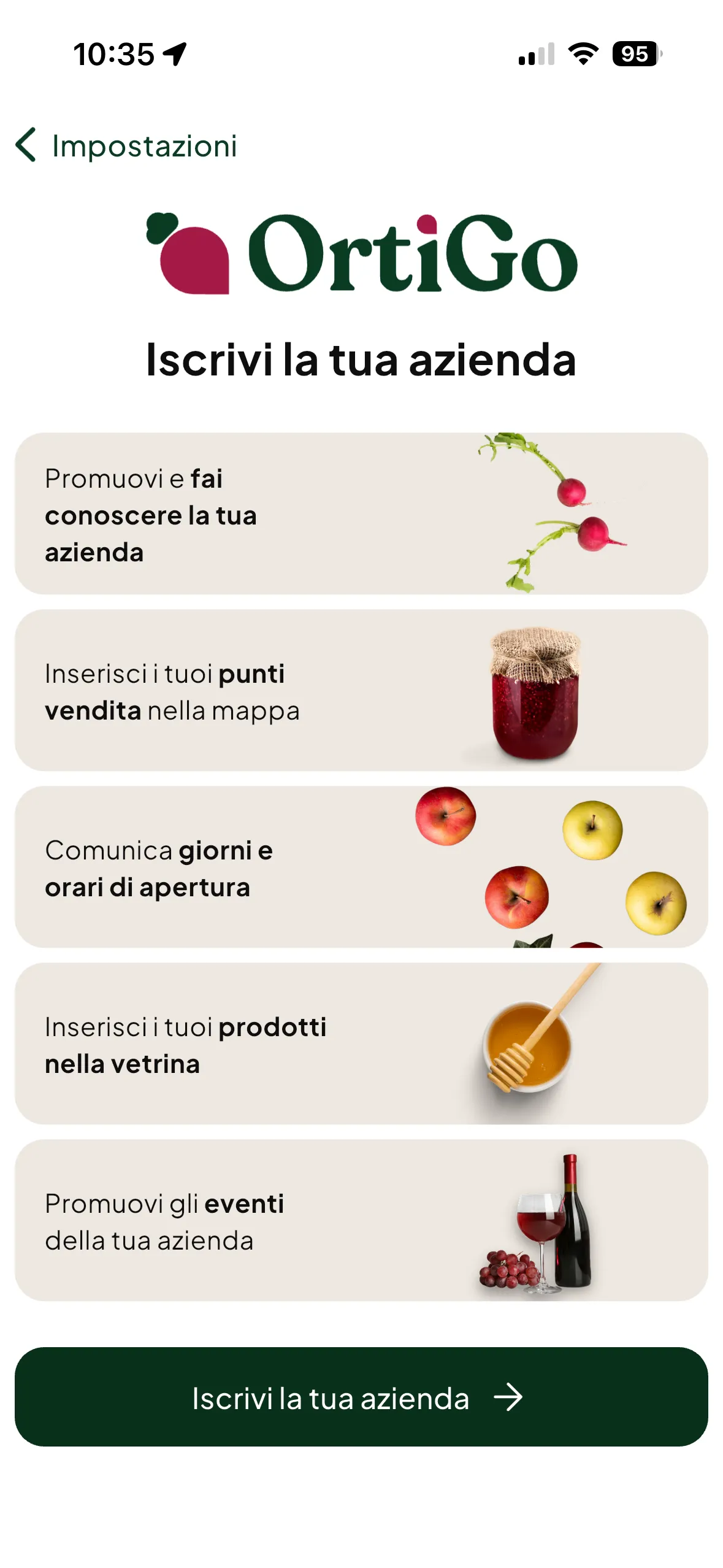 La schermata dell'app per iscrivere la propria azienda, con i vantaggi: promozione, punti vendita in mappa, orari, prodotti in vetrina ed eventi