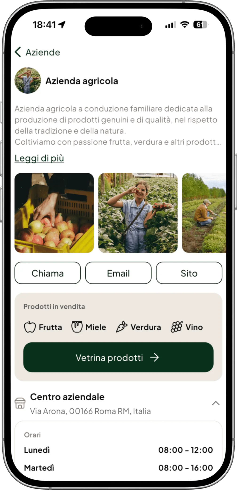 La scheda di un'azienda agricola su OrtiGo, con foto, contatti, prodotti in vendita e orari