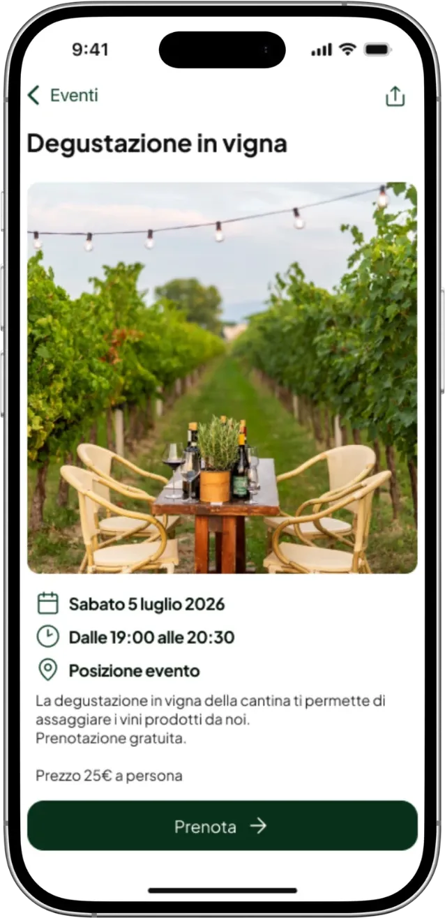 Un evento di degustazione in vigna pubblicato da un'azienda su OrtiGo