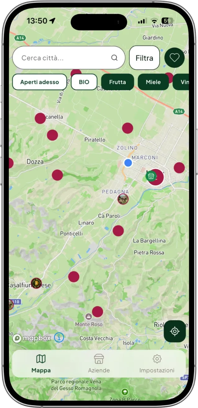 La mappa di OrtiGo con i punti vendita delle aziende agricole e i filtri per categoria