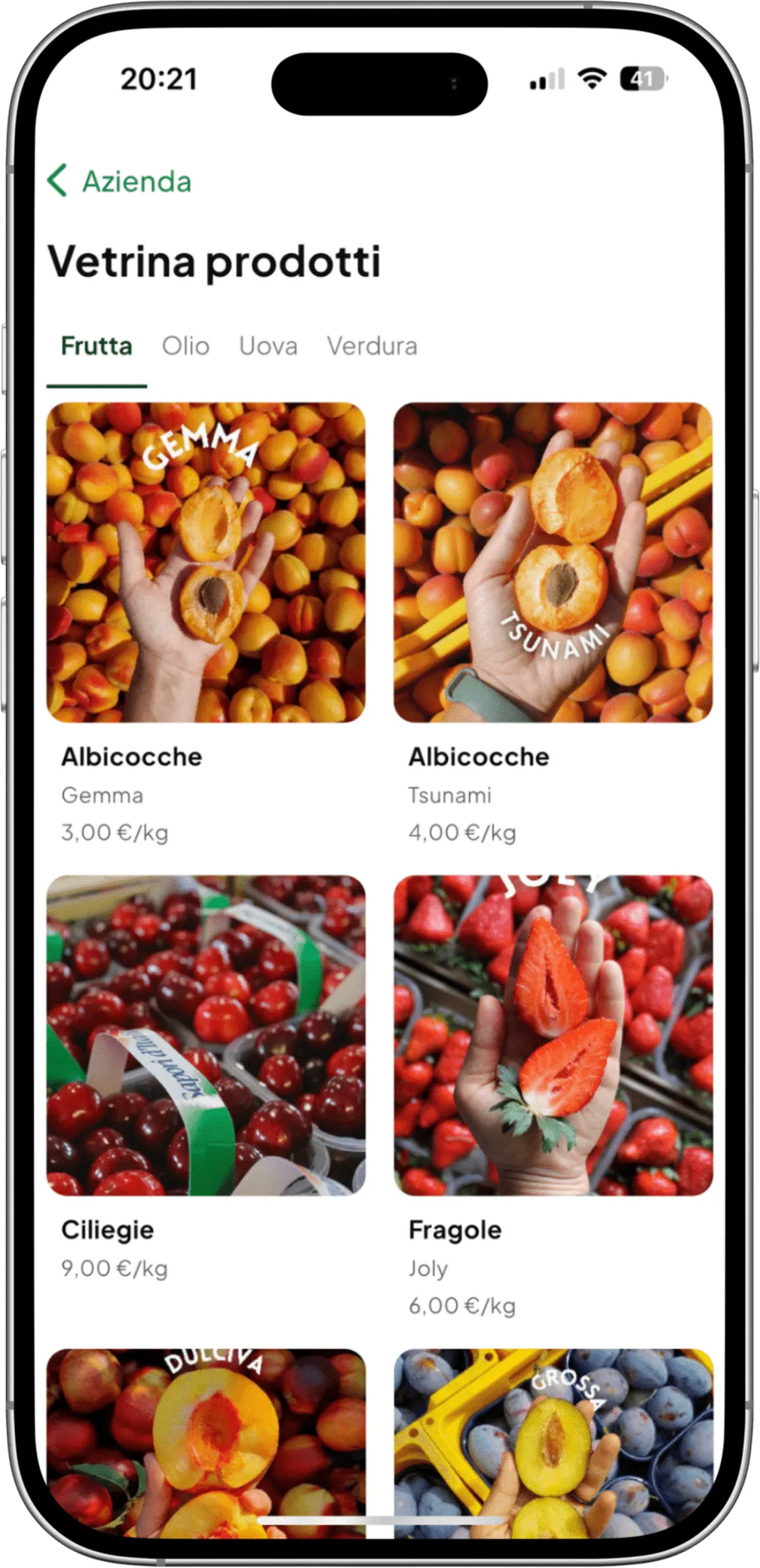 La vetrina prodotti di un'azienda su OrtiGo, con foto e prezzi della frutta in vendita